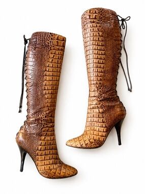 Giuseppe Zanotti Vintage Y2K Croc Embossed Lace Up Knee High Boots Womens EU 38